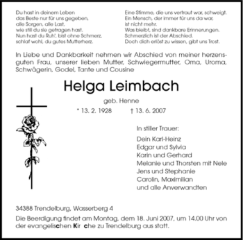 Todesanzeige von Helga Leimbach von HNA