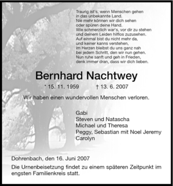 Todesanzeige von Bernhard Nachtwey von HNA