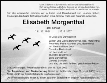 Todesanzeige von Elisabeth Morgenthal von HNA