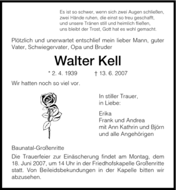 Todesanzeige von Walter Kell von HNA