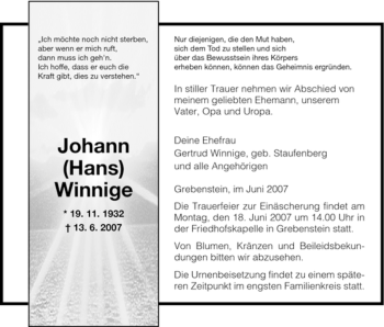 Todesanzeige von Johann Winnige von HNA