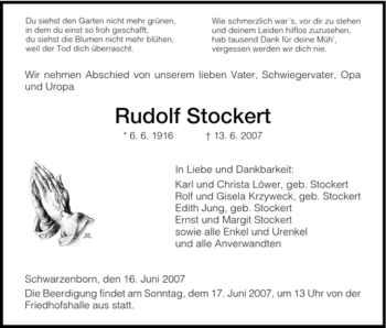 Todesanzeige von Rudolf Stockert von HNA