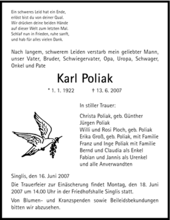Todesanzeige von Karl Poliak von HNA