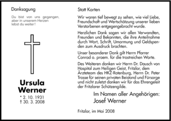 Todesanzeige von Ursula Werner von HNA