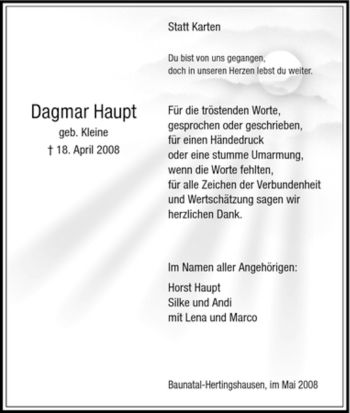 Todesanzeige von Dagmar Haupt von HNA