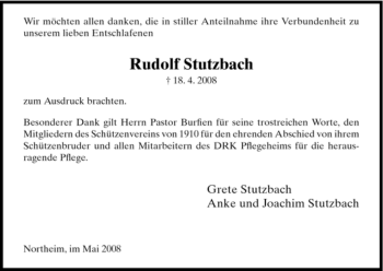 Todesanzeige von Rudolf Stutzbach von HNA