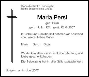Todesanzeige von Maria Persi von HNA