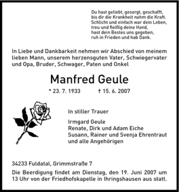 Todesanzeige von Manfred Geule von HNA