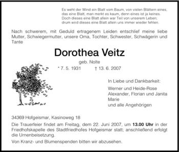 Todesanzeige von Dorothea Veitz von HNA