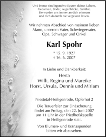 Todesanzeige von Karl Spohr von HNA