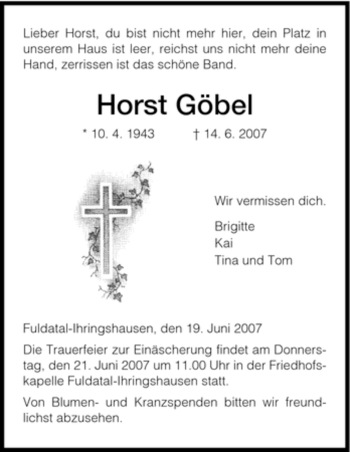 Todesanzeige von Horst Göbel von HNA
