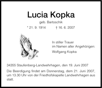 Todesanzeige von Lucia Kopka von HNA