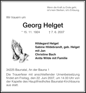 Todesanzeige von Georg Helget von HNA