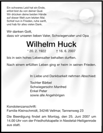 Todesanzeige von Wilhelm Huck von HNA