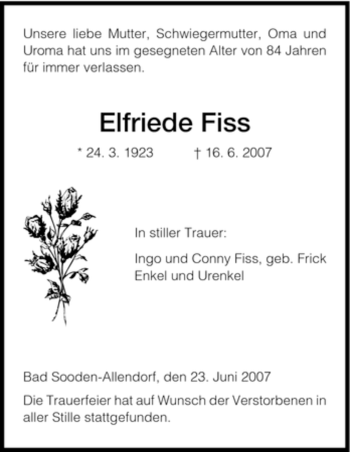 Todesanzeige von Elfriede Fiss von HNA