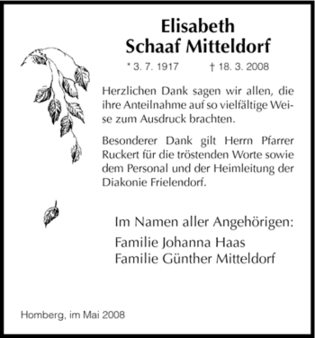 Todesanzeige von Elisabeth Schaaf Mitteldorf von HNA