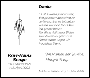 Todesanzeige von Karl-Heinz Senge von HNA