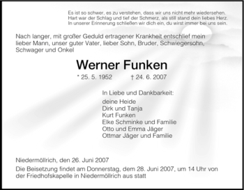 Todesanzeige von Werner Funken von HNA