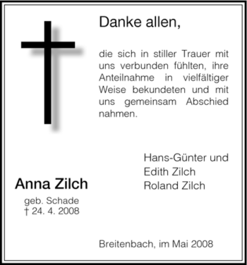 Todesanzeige von Anna Zilch von HNA