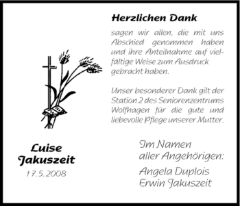 Todesanzeige von Luise Jakuszeit von HNA