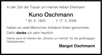 Todesanzeige von Kuno Oschmann von HNA