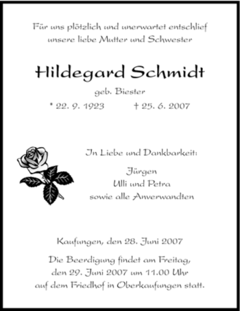 Todesanzeige von Hildegard Schmidt von HNA