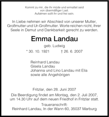 Todesanzeige von Emma Landau von HNA