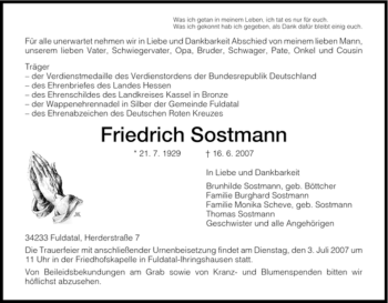 Todesanzeige von Friedrich Sostmann von HNA