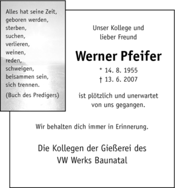 Todesanzeige von Werner Pfeifer von HNA