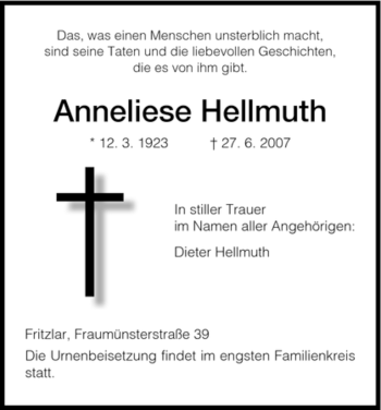 Todesanzeige von Anneliese Hellmuth von HNA