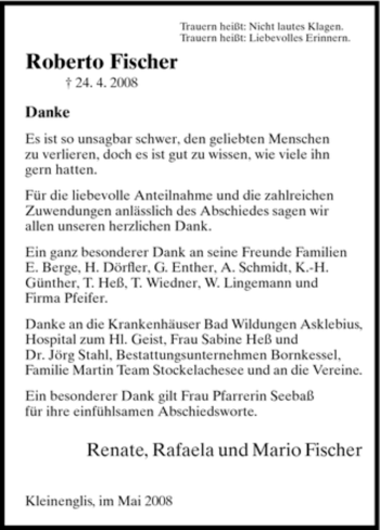 Todesanzeige von Roberto Fischer von HNA