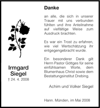 Todesanzeige von Irmgard Siegel von HNA