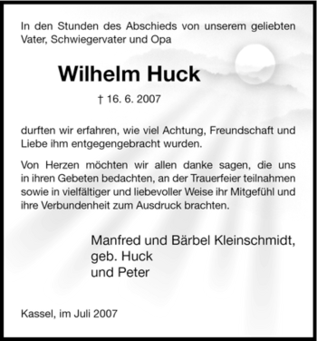 Todesanzeige von Wilhelm Huck von HNA