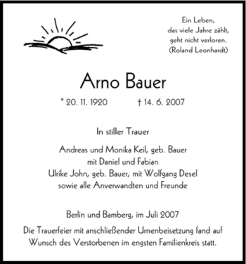 Todesanzeige von Arno Bauer von HNA
