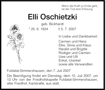 Todesanzeige von Elli Oschietzki von HNA
