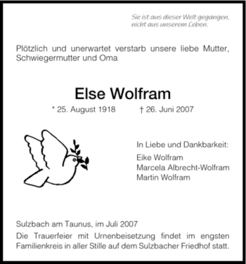 Todesanzeige von Else Wolfram von HNA