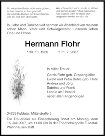Todesanzeige von Hermann Flohr von HNA