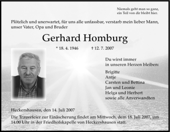 Todesanzeige von Gerhard Homburg von HNA