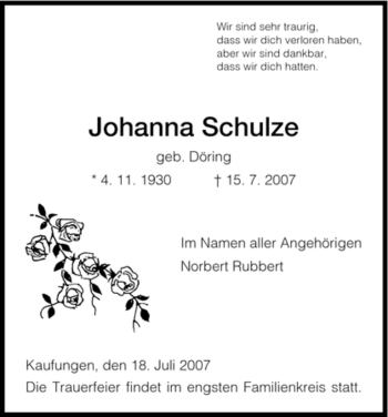 Todesanzeige von Johanna Schulze von HNA