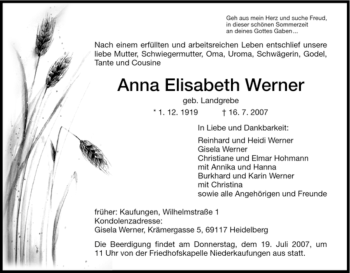 Todesanzeige von Anna Elisabeth Werner von HNA