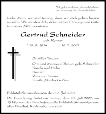 Todesanzeige von Gertrud Schneider von HNA