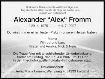 Todesanzeige von Alexander Fromm von HNA