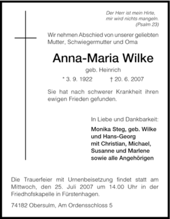 Todesanzeige von Anna-Maria Wilke von HNA