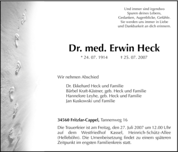 Todesanzeige von Erwin Heck von HNA
