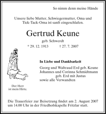 Todesanzeige von Gertrud Keune von HNA