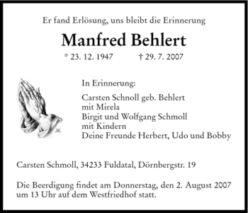 Todesanzeige von Manfred Behlert von HNA