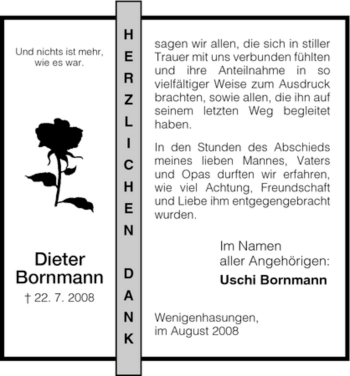 Todesanzeige von Dieter Bornmann von HNA