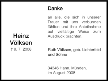 Todesanzeige von Heinz Völksen von HNA