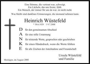 Todesanzeige von Heinich Wuestefeld von HNA