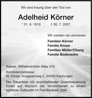 Todesanzeige von Adelheid Körner von HNA